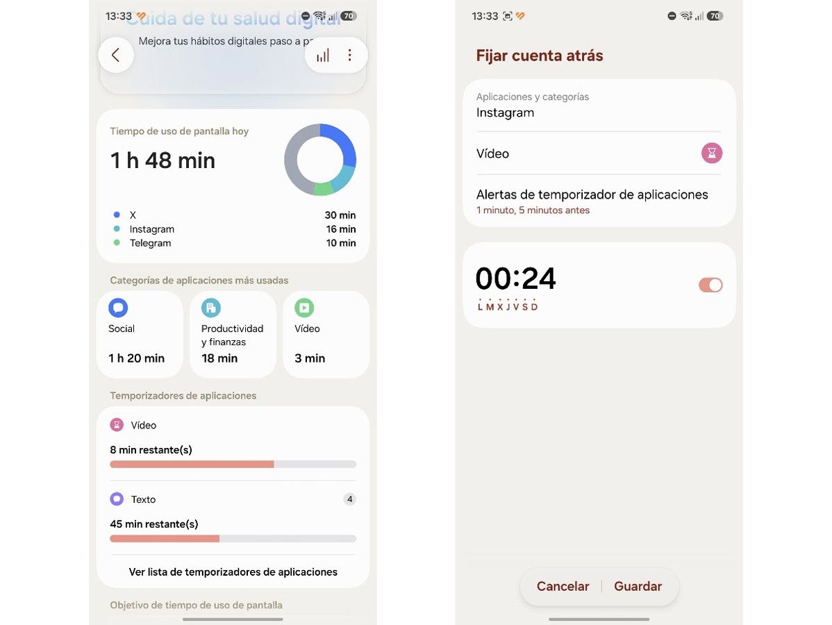 Interfaz de Bienestar digital en Android que muestra el tiempo de uso por aplicaciones y la configuración de temporizadores.