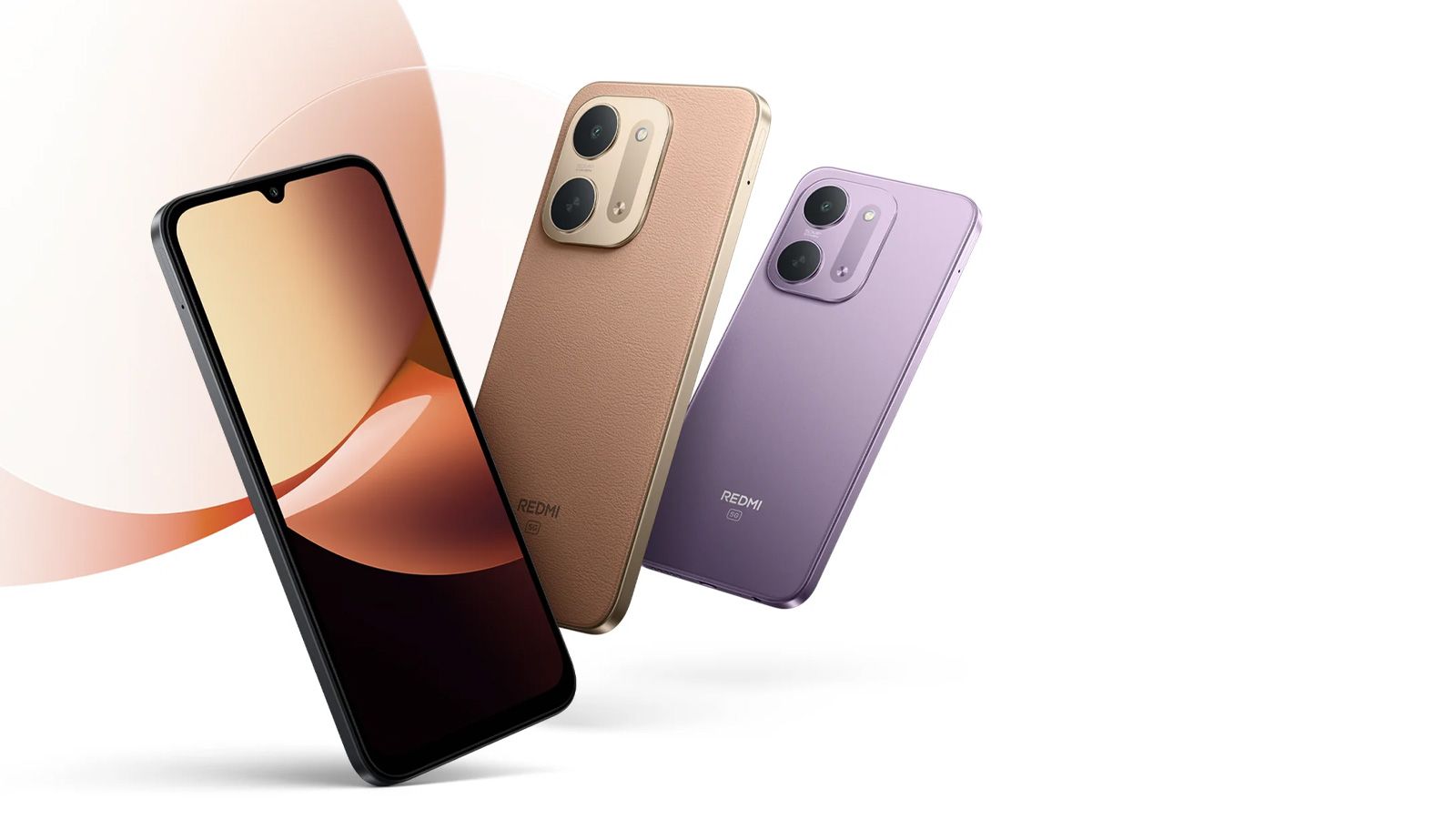 Tres teléfonos Redmi 17C 5G en colores dorado y violeta junto a una pantalla con notch tipo gota.
