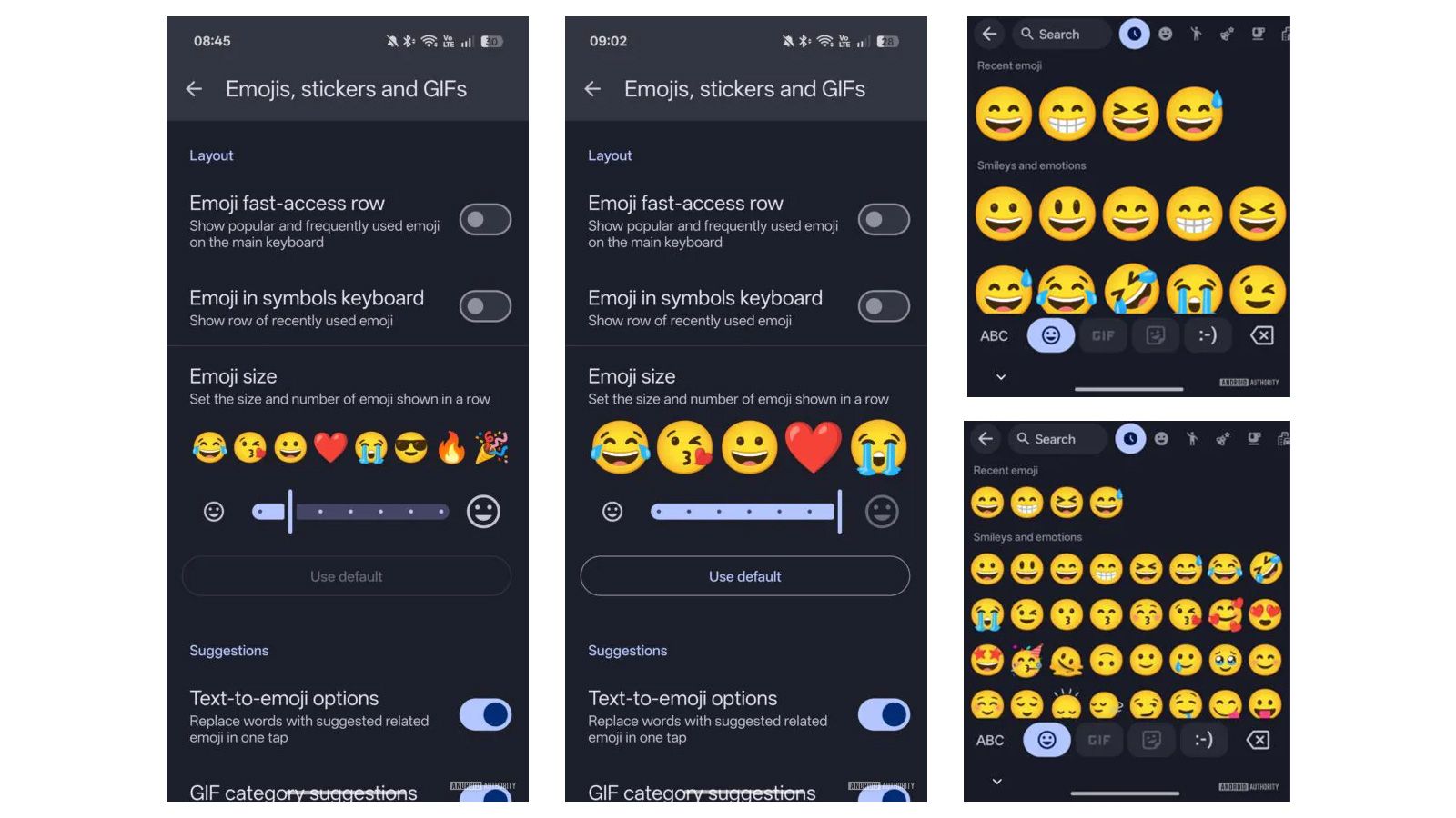 Interfaz de configuración para ajustar el tamaño y número de emoticonos en el teclado del móvil.