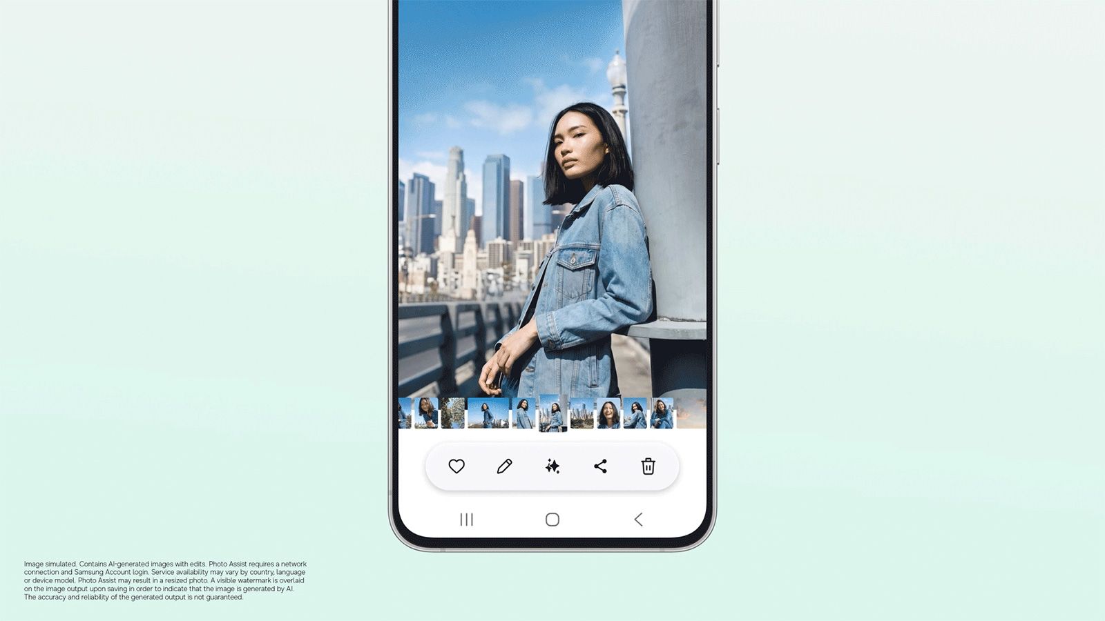 Interfaz de la galería de fotos en la pantalla de un Samsung Galaxy S26 FE mostrando la edición de un retrato.