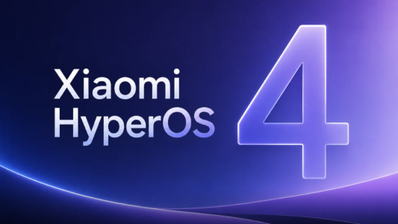 Logotipo de Xiaomi HyperOS junto al número 4 en una composición gráfica sobre fondo azul y púrpura.
