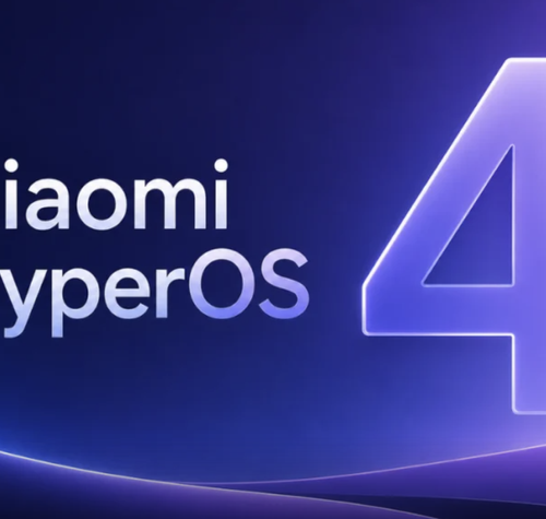 Logotipo de Xiaomi HyperOS junto al número 4 en una composición gráfica sobre fondo azul y púrpura.