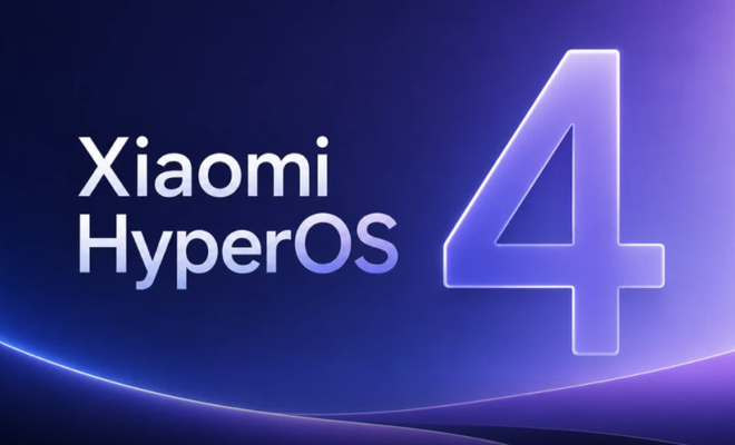Logotipo de Xiaomi HyperOS junto al número 4 en una composición gráfica sobre fondo azul y púrpura.