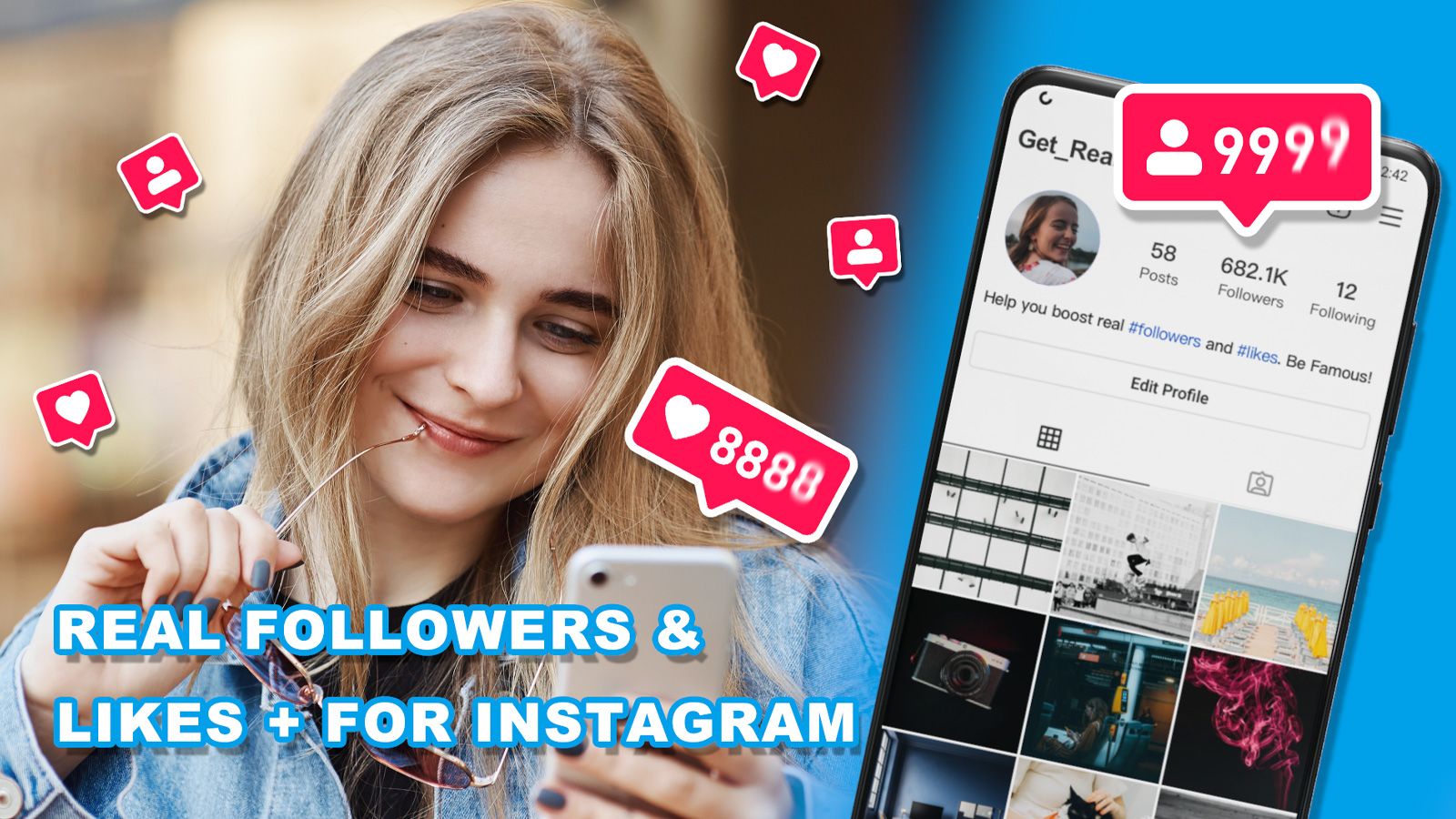 Mujer joven mirando su smartphone con iconos flotantes de notificaciones de redes sociales y primer plano de la interfaz Get Real Followers & Likes para Instagram.