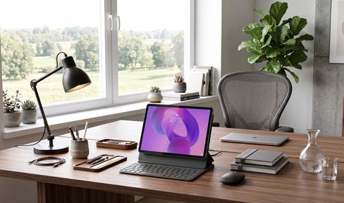 Tablet Lenovo IdeaTab conectada a una funda teclado sobre un escritorio de madera en una oficina luminosa.