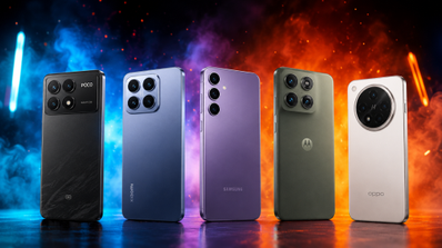 Cinco smartphones de diferentes marcas alineados sobre un fondo con luces de colores y humo