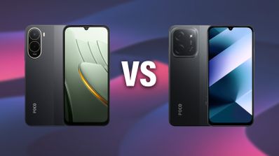 Comparativa de frontales y traseras de dos teléfonos móviles POCO sobre fondo abstracto.