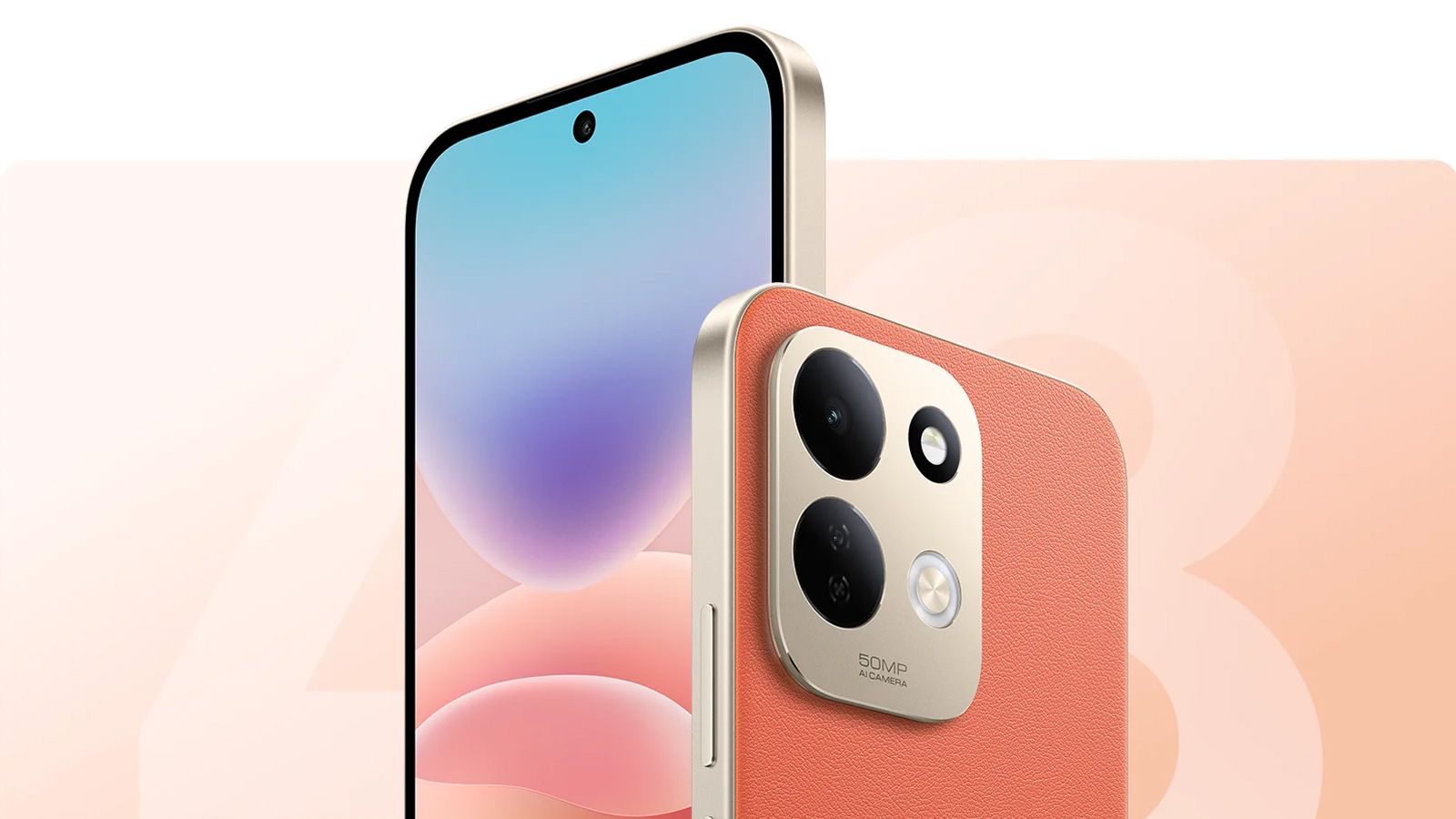 Primer plano del módulo de cámaras traseras y pantalla frontal de un Redmi 17 5G en color coral.