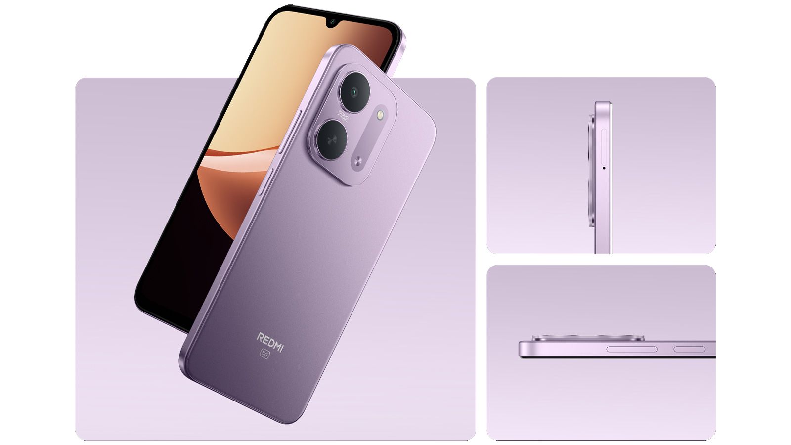 Vistas frontal, trasera y lateral del Redmi 17C 5G en color violeta.