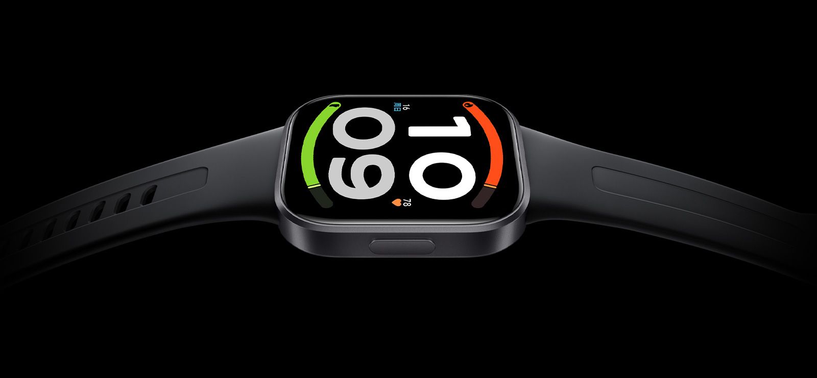 Primer plano de la pantalla cuadrada del reloj inteligente Redmi Watch 6 con la hora 10:09 y diales de colores sobre fondo negro.