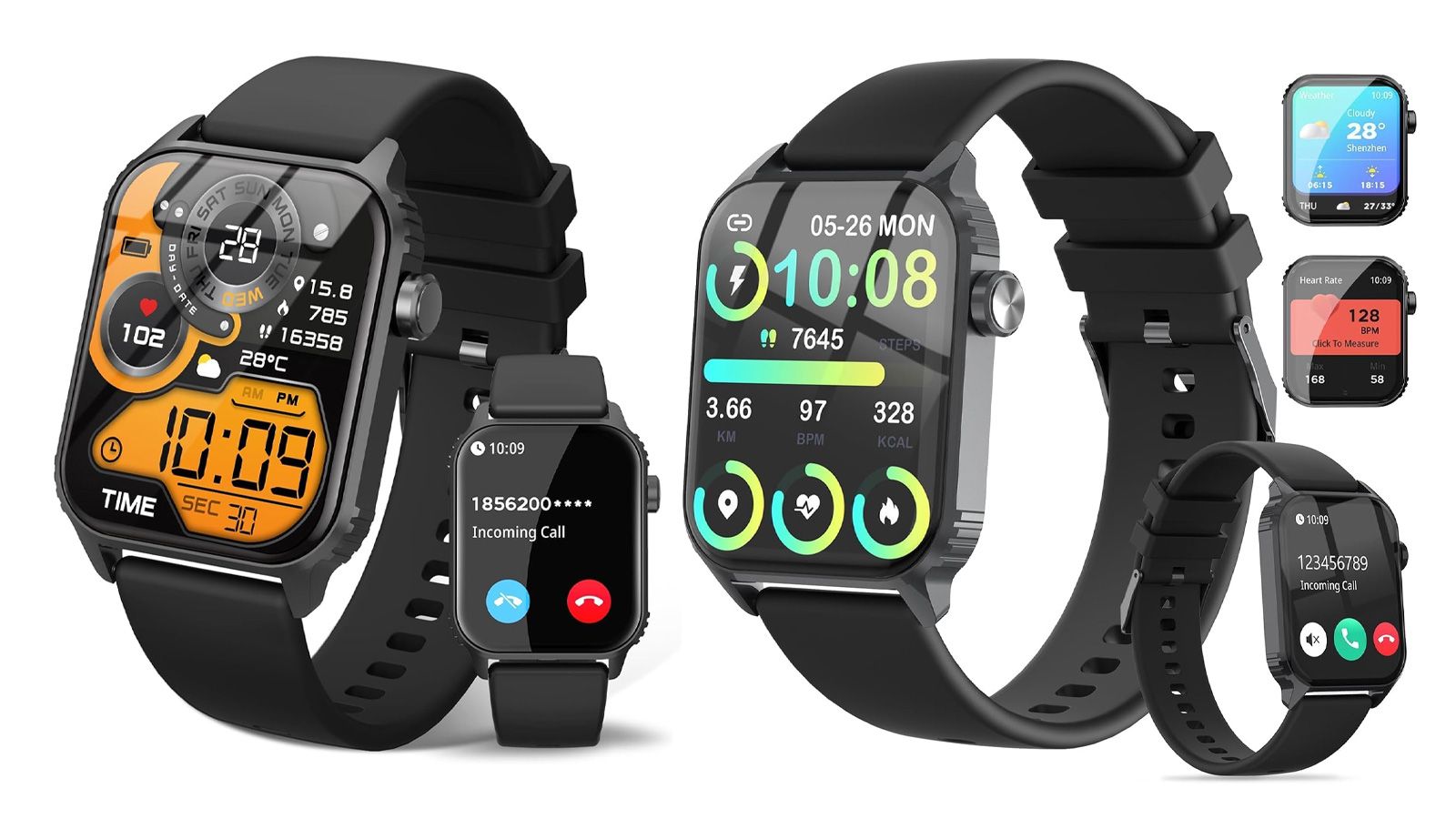 Relojes inteligentes Trausi con correas negras y pantallas que muestran datos de actividad, hora e interfaz de llamadas entrantes.