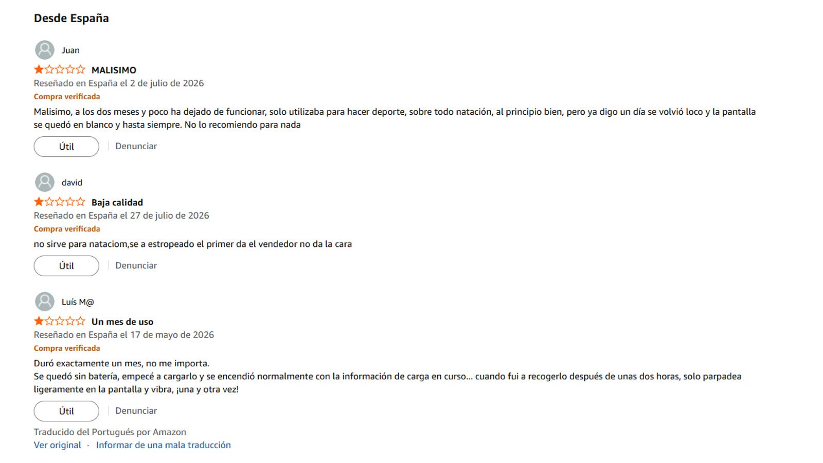 Captura de pantalla de reseñas negativas de clientes sobre los relojes Trausi con quejas sobre su funcionamiento y calidad.
