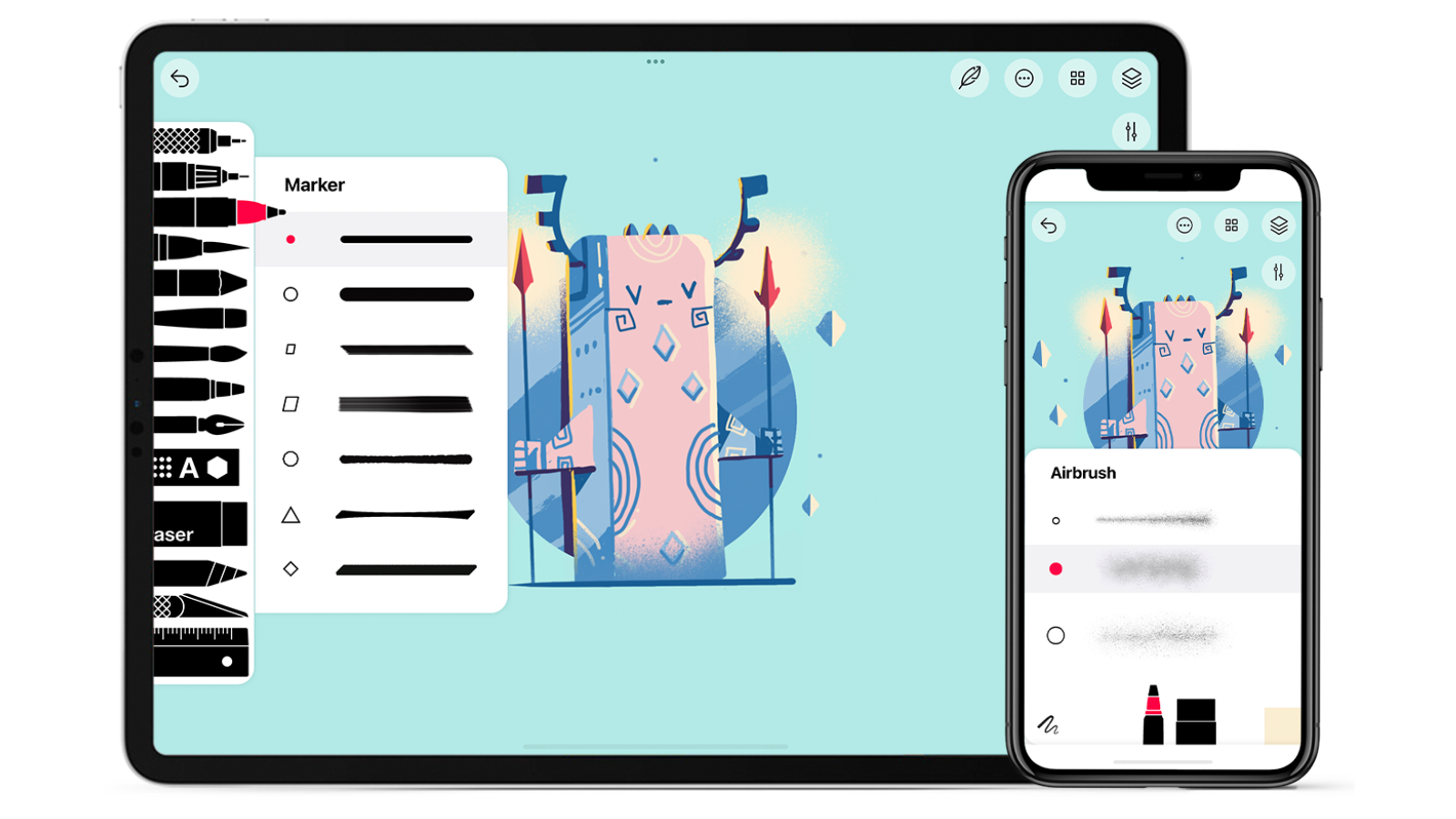 Interfaz de Tayasui Sketches en iPad y iPhone