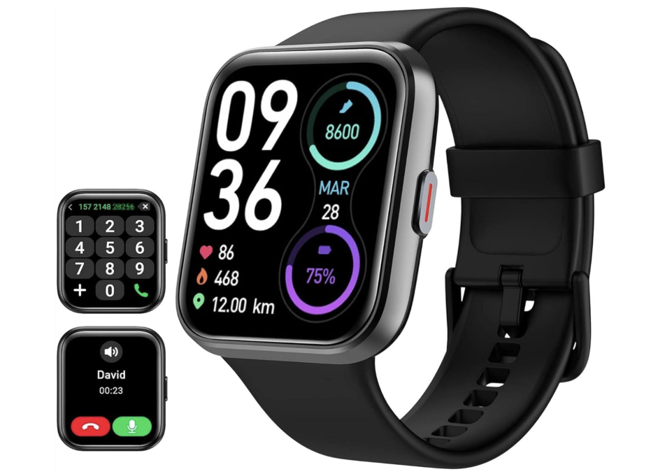 Reloj inteligente Tensky de color negro con pantalla rectangular que muestra la hora, pasos y batería, junto a miniaturas de su interfaz de llamadas.
