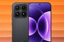 Detalle del módulo de cámaras Leica y la pantalla frontal del Xiaomi 17 sobre un fondo naranja.
