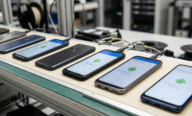 Varios teléfonos móviles conectados por cable en un banco de pruebas mostrando el logotipo de Android en sus pantallas.