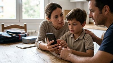 Padres enseñándole a su hijo cómo se utiliza su primer móvil