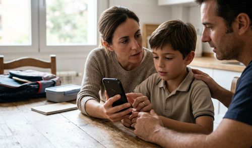 Padres enseñándole a su hijo cómo se utiliza su primer móvil