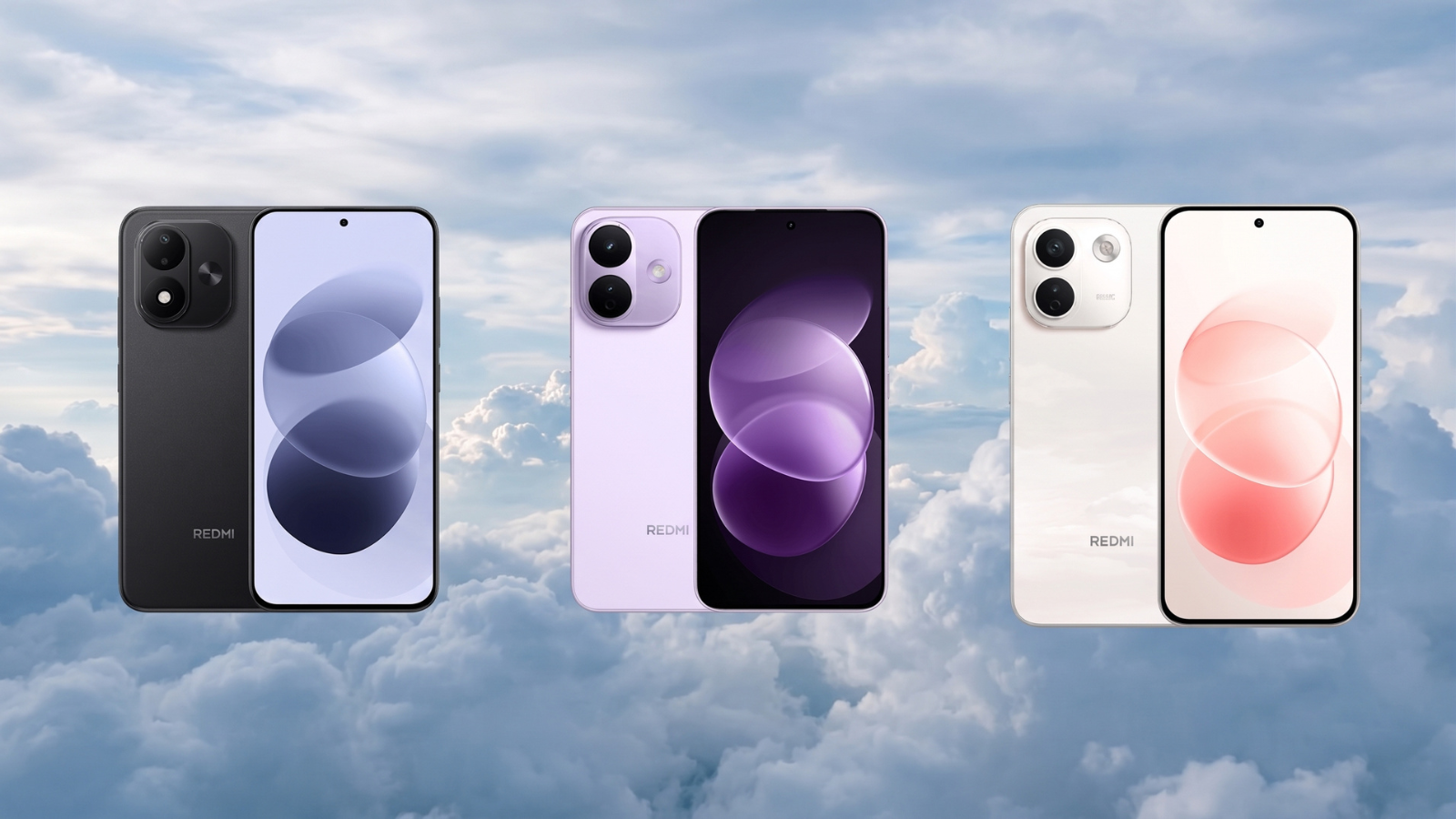 REDMI Note 17 en color negro, REDMI Note 17 Pro en color violeta y REDMI Note 17 Pro Max en color blanco