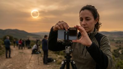 Mujer ajustando un filtro en la cámara de su teléfono móvil montado sobre un trípode para fotografiar un eclipse solar anular.