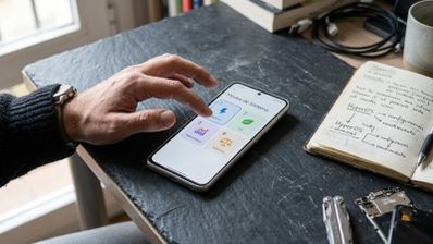 Persona utilizando la pantalla táctil de un smartphone apoyado en una mesa de trabajo para configurar los patrones de consumo de energía.