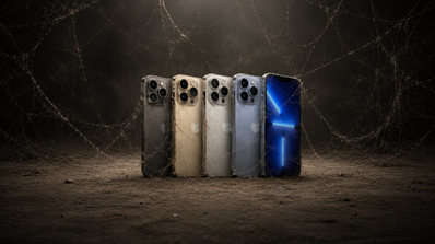 Cuatro unidades de iPhone 13 Pro en distintos colores rodeados de telarañas en un entorno oscuro y polvoriento.