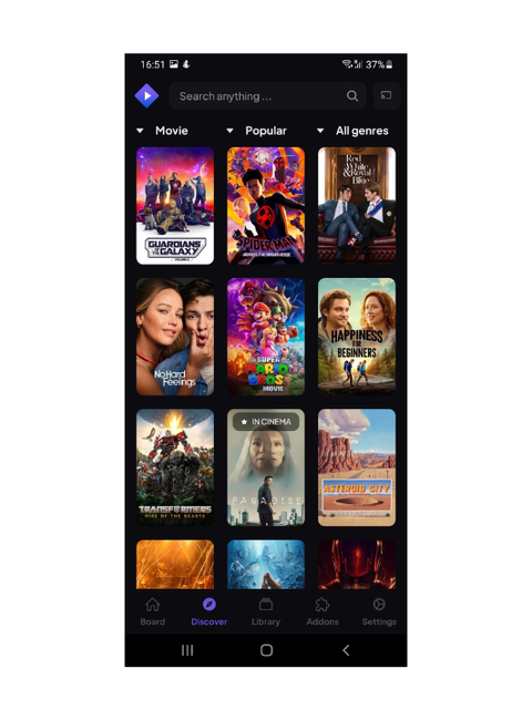 Interfaz móvil de Stremio para ver películas