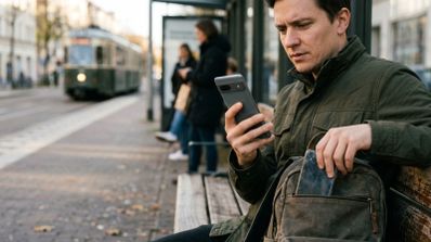 Hombre sentado en una parada de tranvía consultando un smartphone Google Pixel mientras guarda otro dispositivo en su mochila.