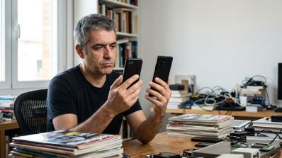 Miguel comparando dos teléfonos móviles en un despacho con libros y tecnología.
