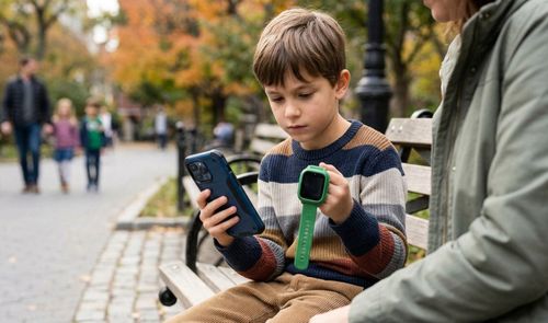 Niño sentado en un banco de parque sujetando un teléfono móvil y un reloj inteligente con correa verde.
