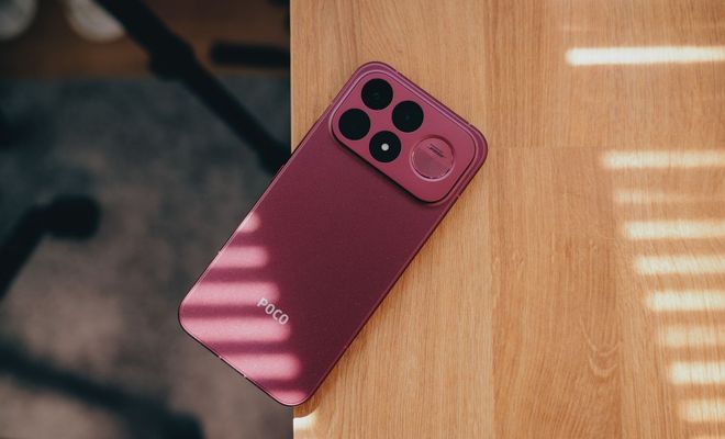 Parte trasera de un teléfono POCO F9 Ultra en color rojo cherry apoyado sobre una mesa de madera con sombras de persiana.