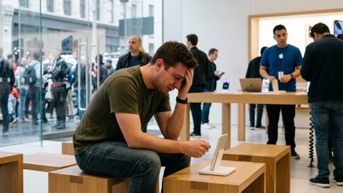 Hombre sentado con gesto de preocupación y la mano en la frente frente a un dispositivo en una tienda Apple Store.