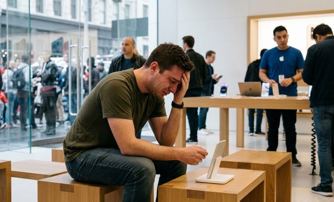 Hombre sentado con gesto de preocupación y la mano en la frente frente a un dispositivo en una tienda Apple Store.