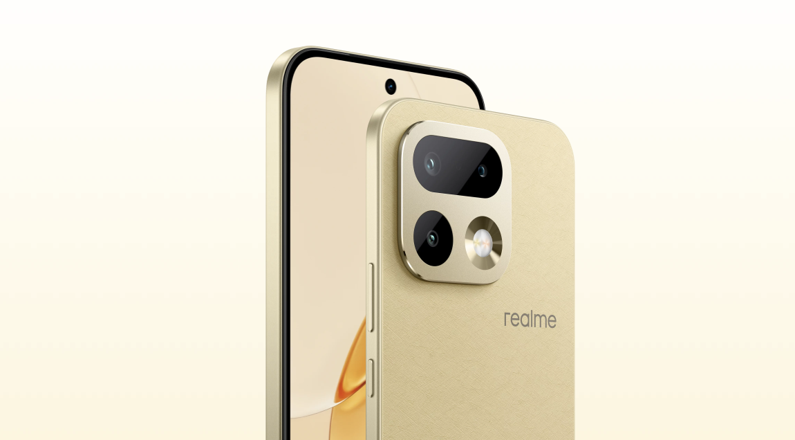 Perfil lateral y trasera dorada del realme 16 Pro mostrando los botones de volumen y el módulo de cámaras cuadrado.