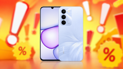Frontal y trasera del realme C100 en color azul claro sobre fondo de ofertas con signos de exclamación y porcentajes.