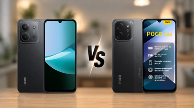 Comparativa visual entre los smartphones Redmi 15C y POCO C85 en color negro, mostrando sus frontales y módulos de cámaras traseros.