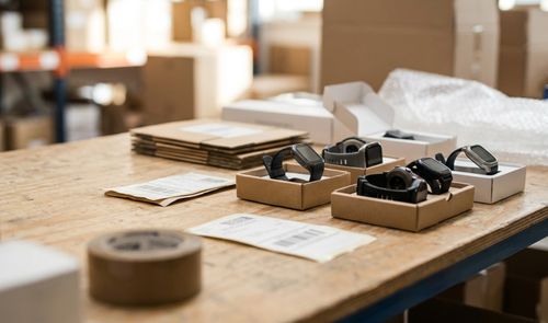 Varios relojes inteligentes en sus cajas de embalaje sobre una mesa de madera en un almacén logístico.