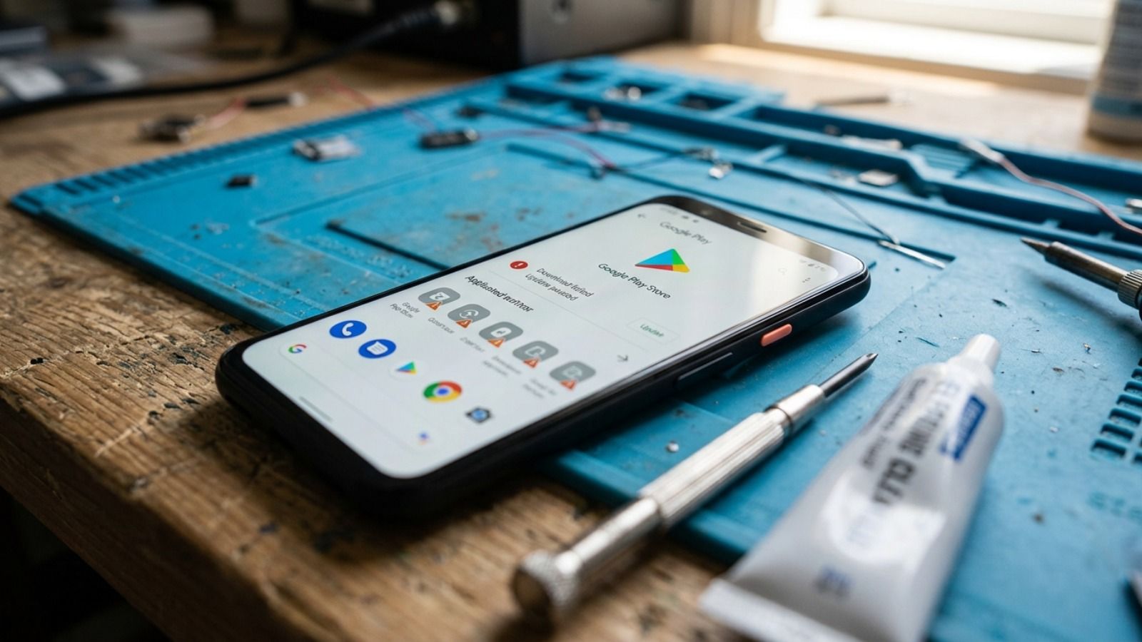 Teléfono móvil con la aplicación Google Play Store abierta sobre un tapete de reparación azul con herramientas de precisión.