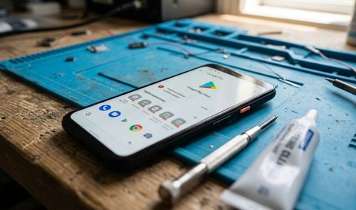 Teléfono móvil con la aplicación Google Play Store abierta sobre un tapete de reparación azul con herramientas de precisión.