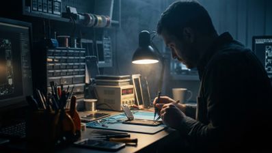 Técnico en un taller oscuro reparando un teléfono móvil con pinzas bajo la luz de un flexo.