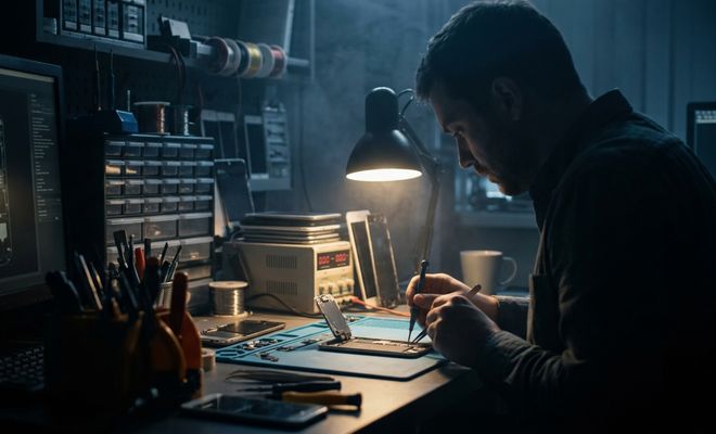 Técnico en un taller oscuro reparando un teléfono móvil con pinzas bajo la luz de un flexo.