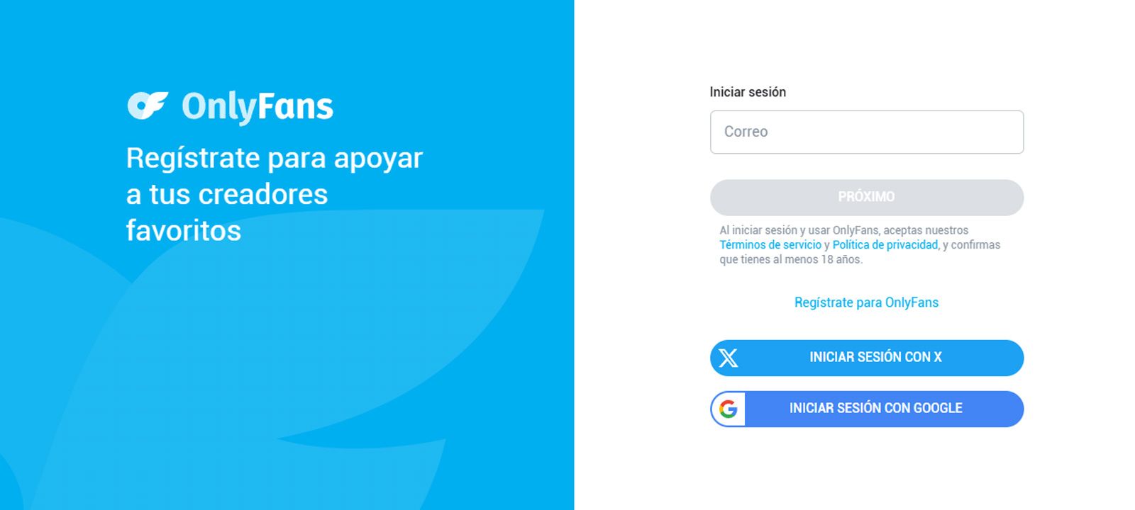 Interfaz de inicio de sesión de OnlyFans con opciones para ingresar mediante correo electrónico, cuenta de X o Google.