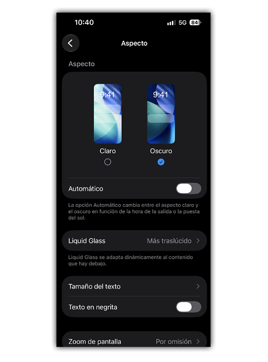 Menú de configuración de aspecto en iOS con las opciones de modo claro, oscuro y el ajuste Liquid Glass.