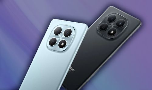 Detalle del módulo de cámaras trasero de dos smartphones Redmi Note 15 en colores azul claro y negro sobre fondo púrpura.