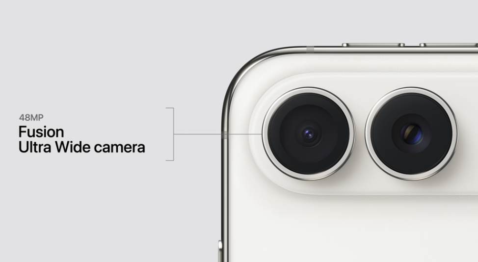 Primer plano del módulo de doble cámara trasera en un smartphone de color blanco con el texto 48MP Fusion Ultra Wide camera.
