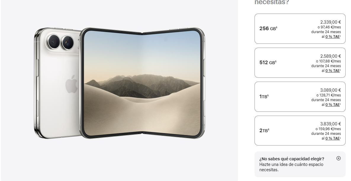 Render de un teléfono Apple plegable tipo libro junto a un menú de selección de almacenamiento y precios en euros.