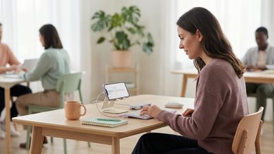 Mujer utilizando un teclado inalámbrico conectado a un teléfono móvil sobre un soporte en una oficina
