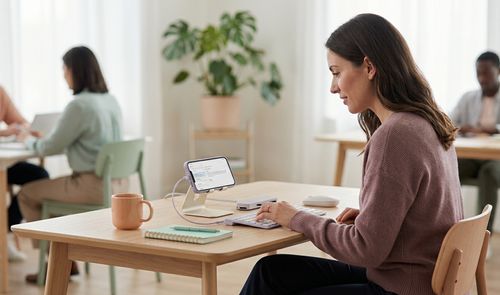 Mujer utilizando un teclado inalámbrico conectado a un teléfono móvil sobre un soporte en una oficina