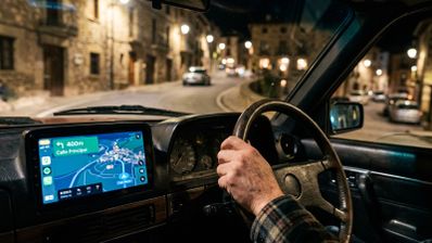 Pantalla instalada en un coche clásico mostrando la navegación de Google Maps mediante Android Auto durante una conducción nocturna.