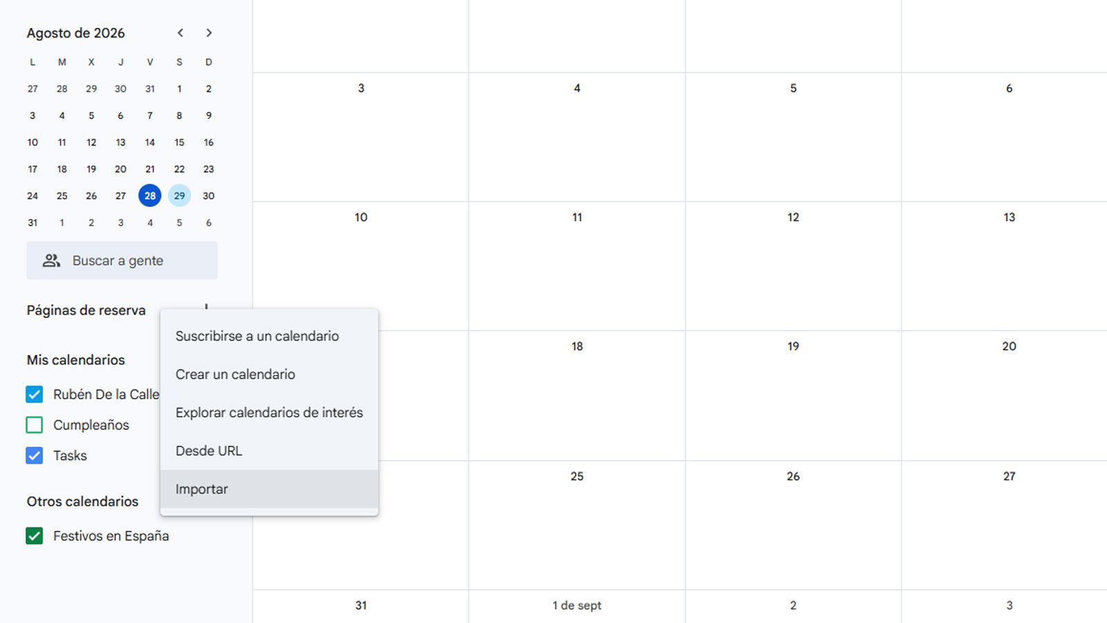 Menú desplegable en Google Calendar con la opción de crear un calendario seleccionada.